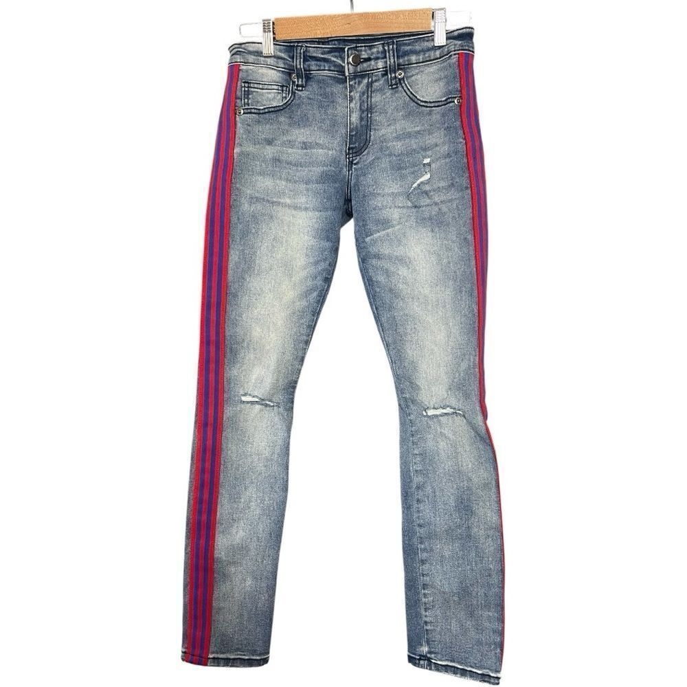 KILOGRAM Medium Wash Side Striped Red and White Skinny Jeans